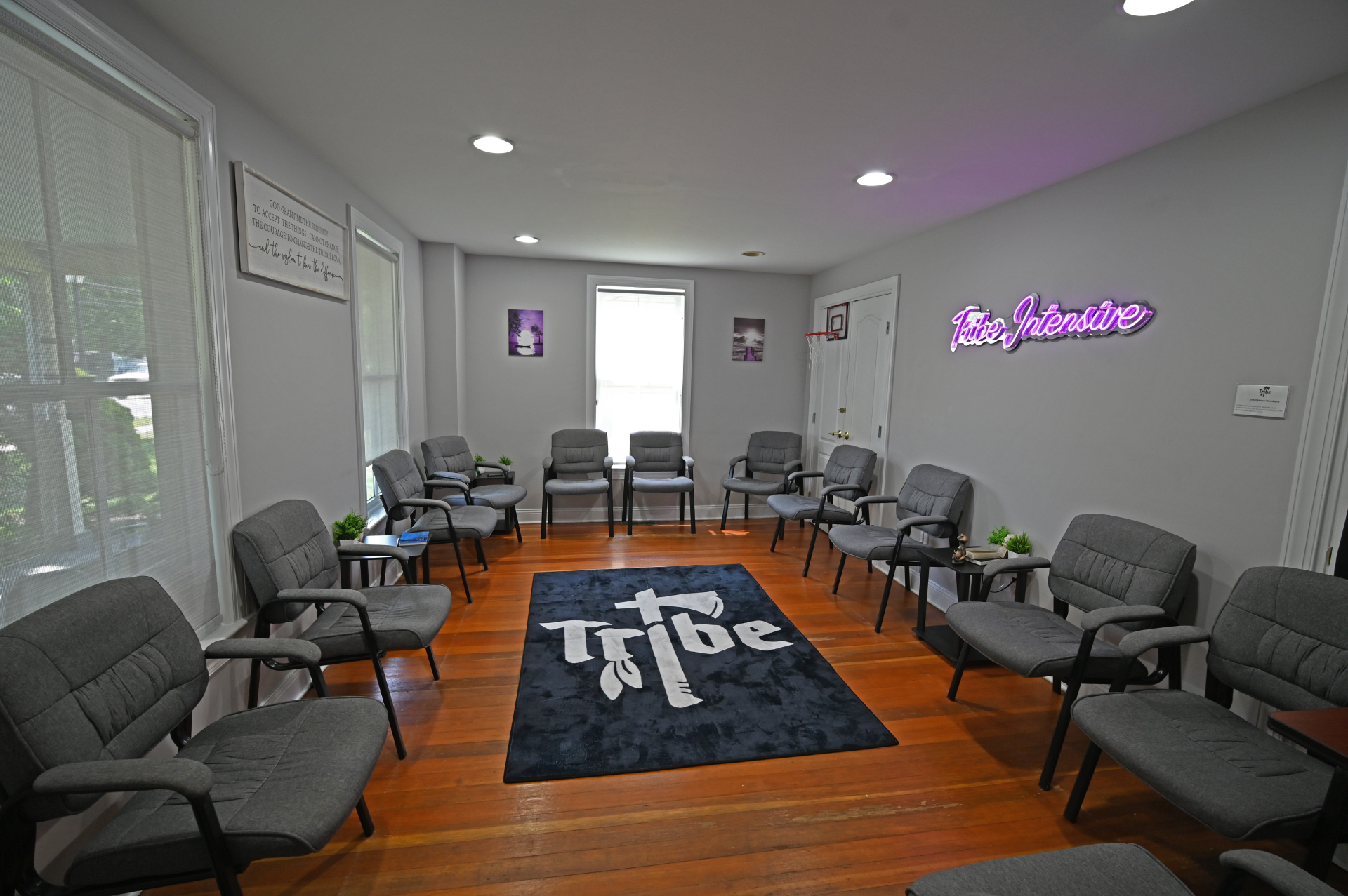 A group meeting room at Cayuga Sober Living